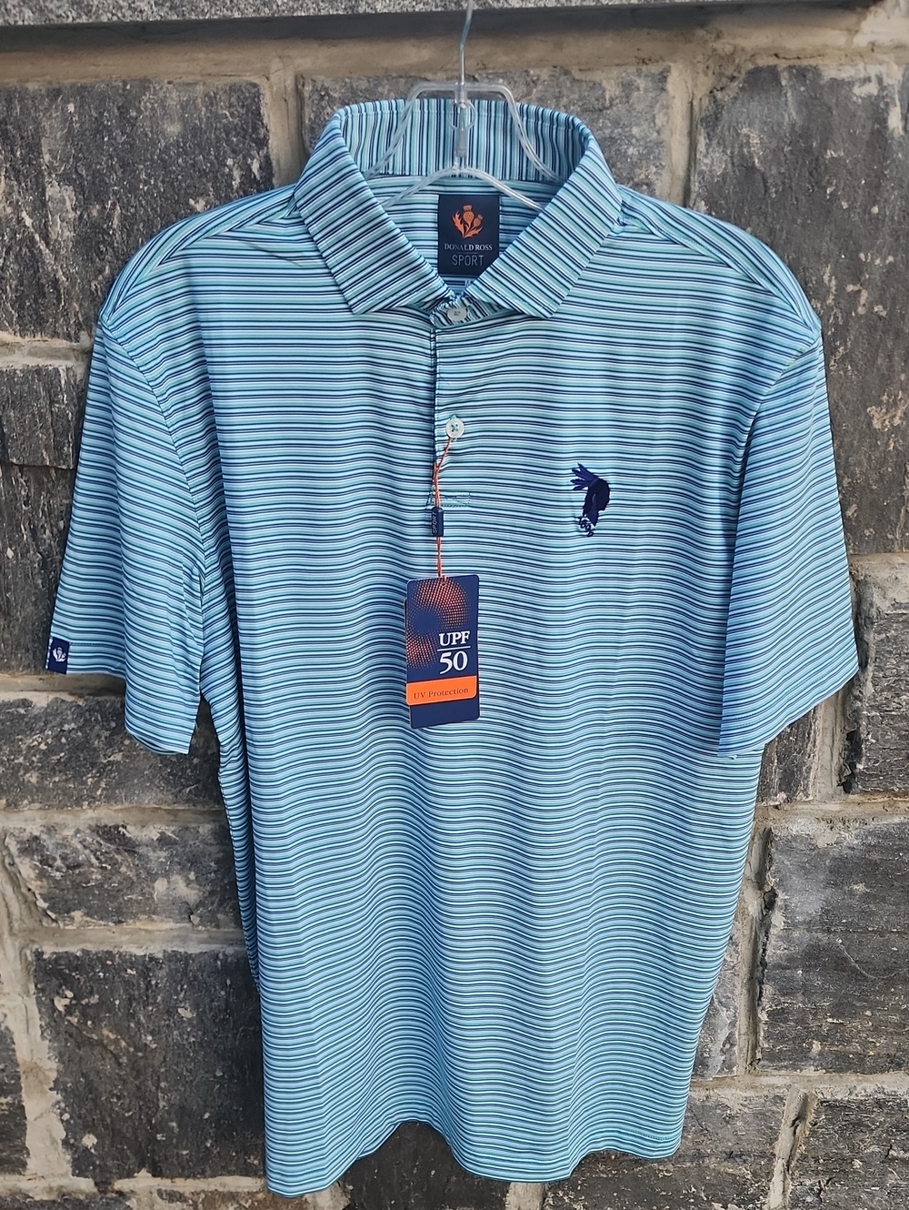 Donald Ross Sport Men’s Light Blue & Navy Striped Polo Golf Shirt sz Medium